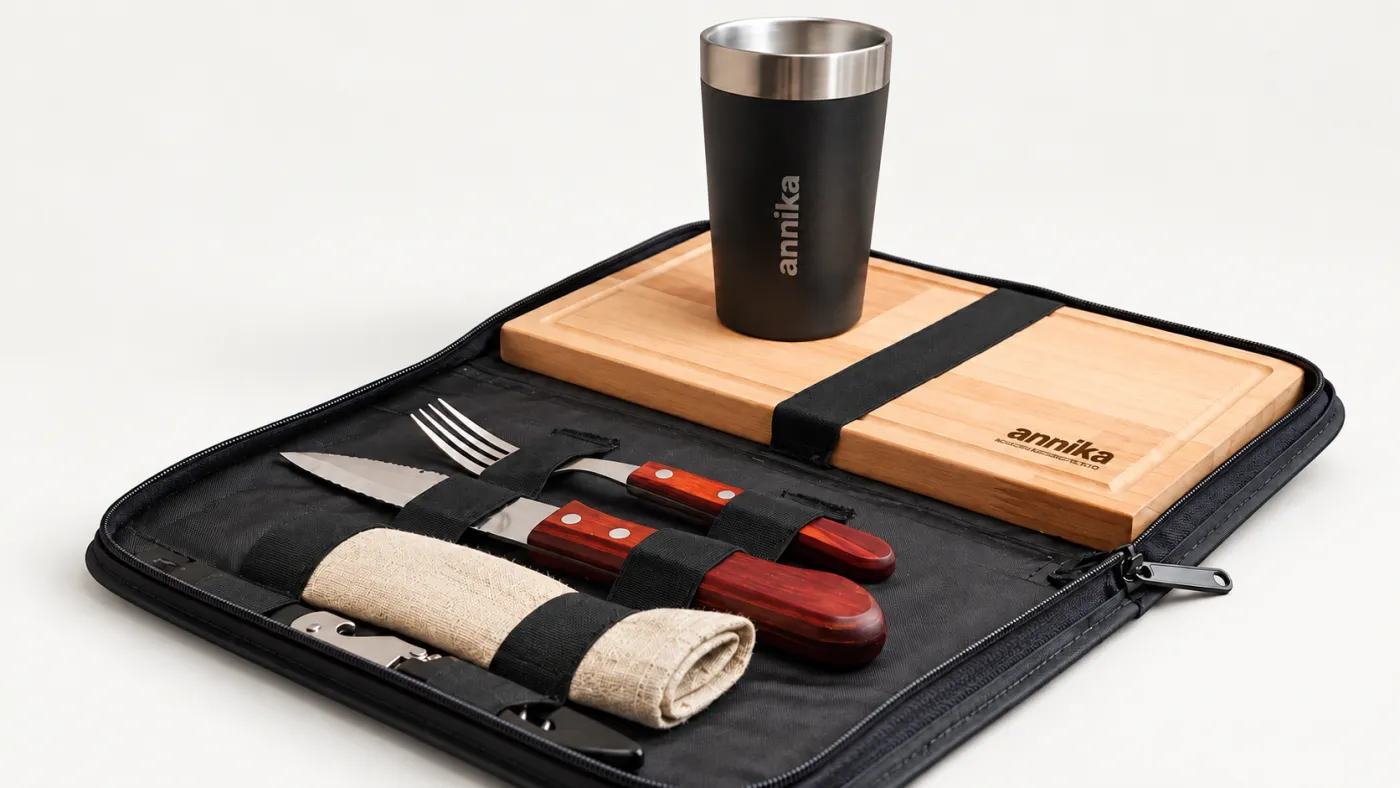 Kit de regalo de Annika: vaso térmico, tabla y cubiertos con la marca, en un estuche.