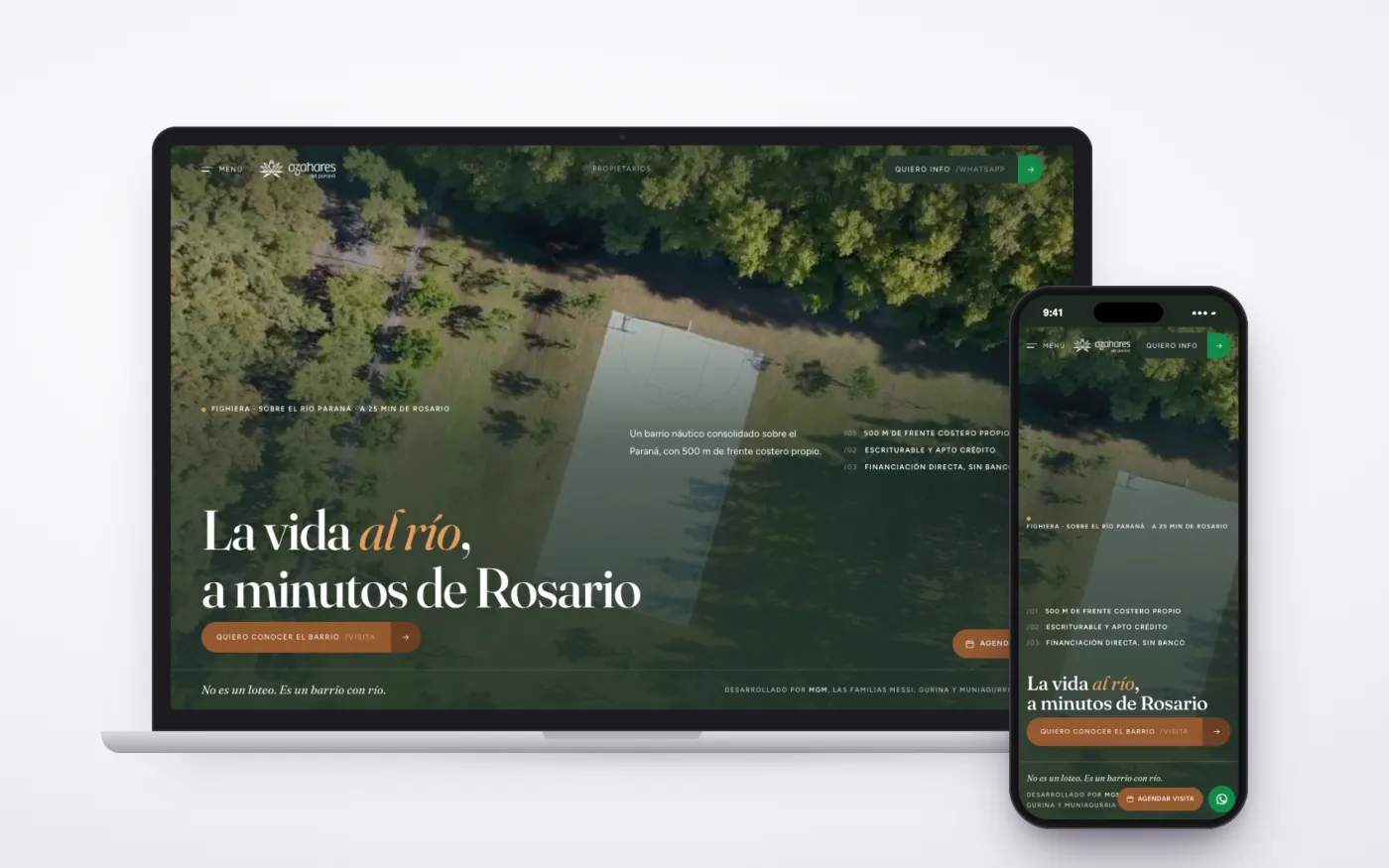 El sitio de Azahares del Paraná en una notebook y un celular.