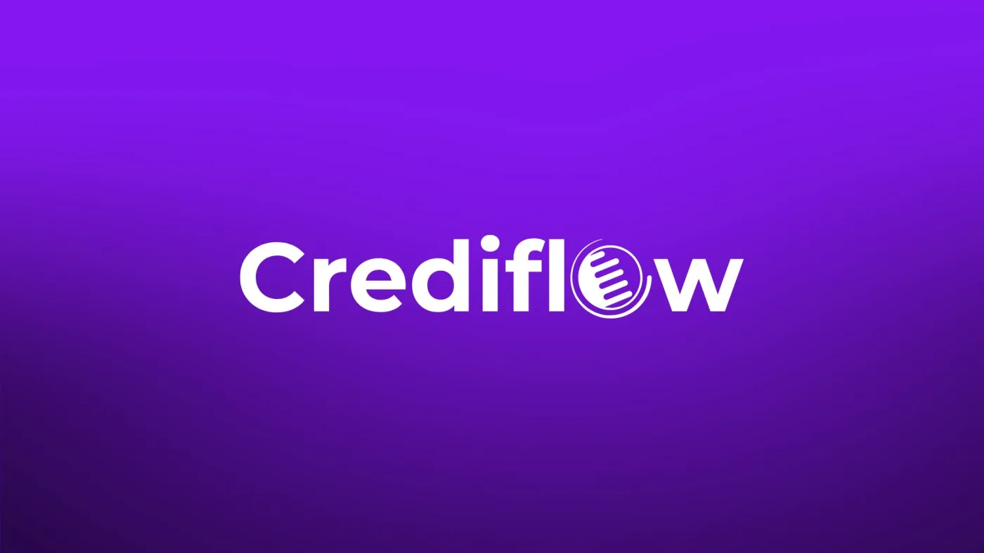 Logo de Crediflow en blanco sobre fondo violeta.