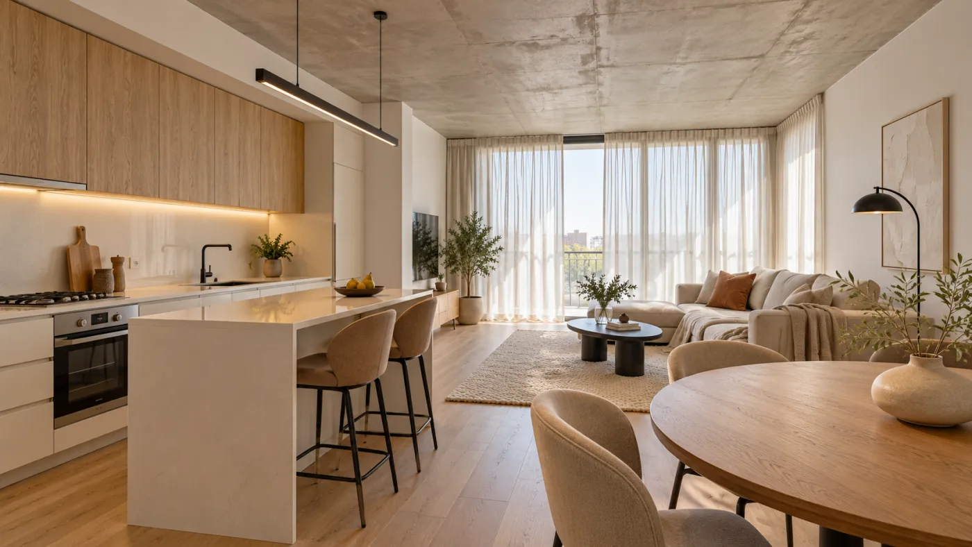 Interior de un departamento terminado: cocina con isla, living y comedor con luz natural.