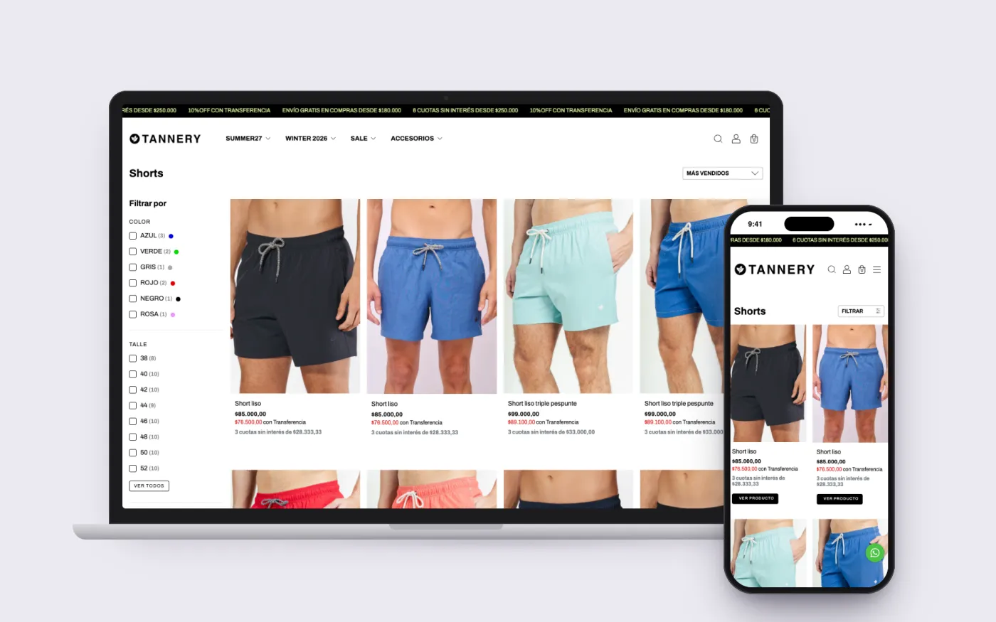 La tienda online de Tannery en una notebook y un celular: catálogo de shorts.